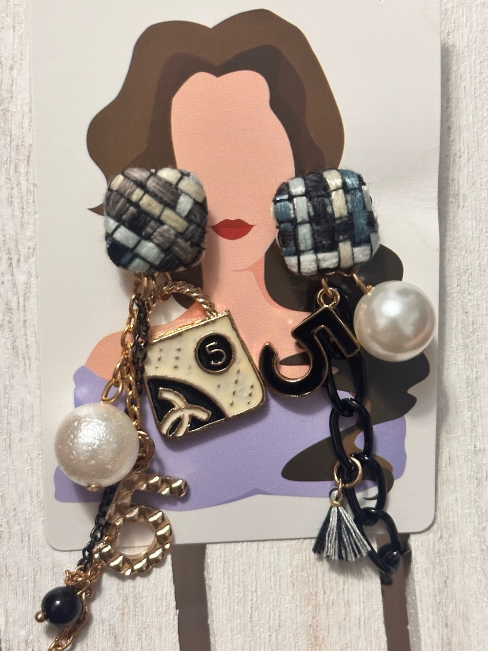 Asymmetric Pearl & Chain Drop Earrings in Cream, Blue and Black